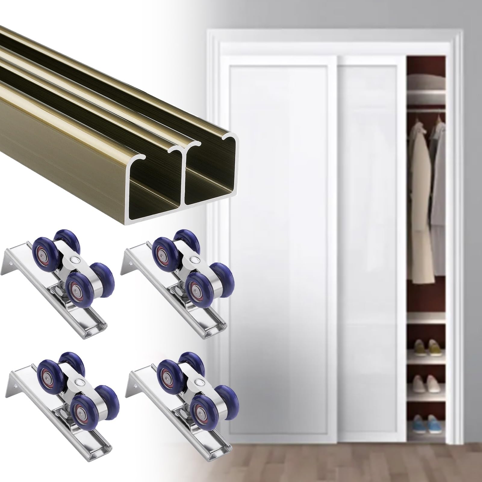 Sliding Door Track, Sliding Closet Door Track Bypass Barn Hardware Kit 18-24mm Silver/Champagne 4-30ft(Champagne,30ft/9.1m)