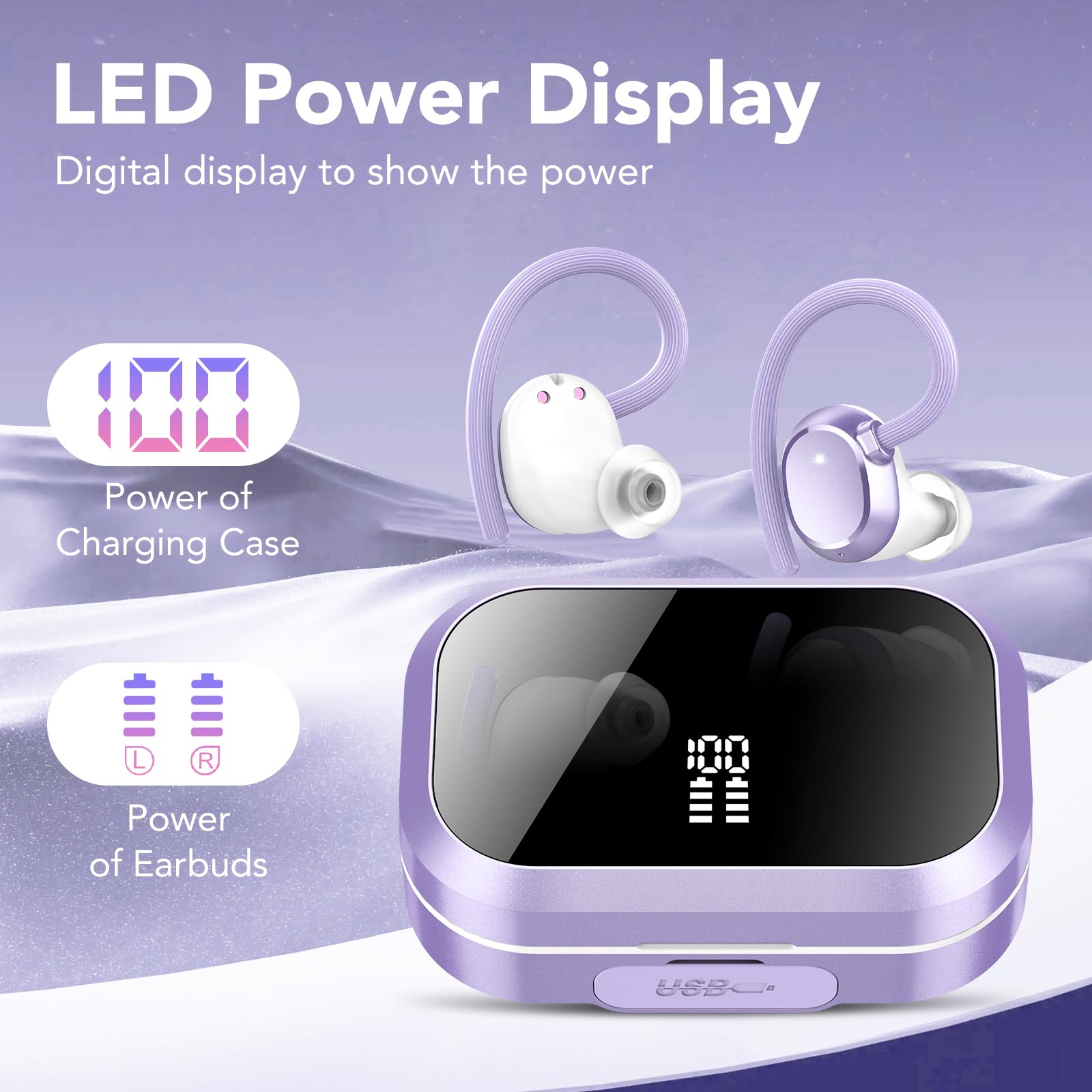 KT1 Cuffie Bluetooth Sport, Auricolari Bluetooth 5.3, 120 Ore di Riproduzione con Custodia di Ricarica, Vestibilità Comoda, Cuffie Wireless Impermeabili IPX7, Bassi Profondi, Display LED(viola) - Vista 5