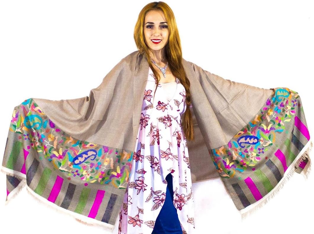 100% Pure Handmade Pashmina Kani Border Art Work grey with beautiful flowers shawl Stole Scarf Wrap