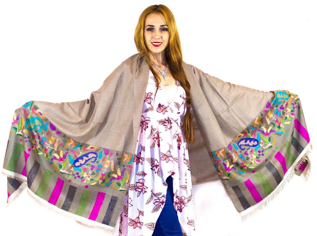 100% Pure Handmade Pashmina Kani Border Art Work grey with beautiful flowers shawl Stole Scarf Wrap