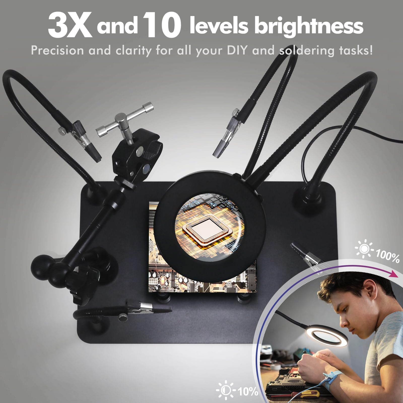 Mains secourables, troisième main à souder, support de carte de circuit imprimé avec lampe loupe 3X LED, support de pistolet à air chaud, bras métalliques flexibles et base robuste
