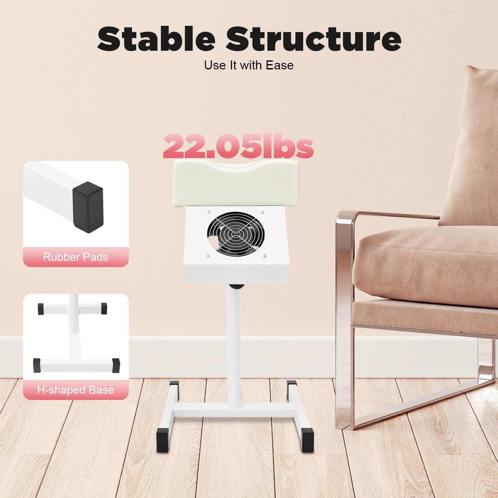 MINRS Taburete de Pedicura, Silla de Pedicura Móvil, Altura Ajustable, Reposapiés para Salón, Spa, Masaje, Color Blanco