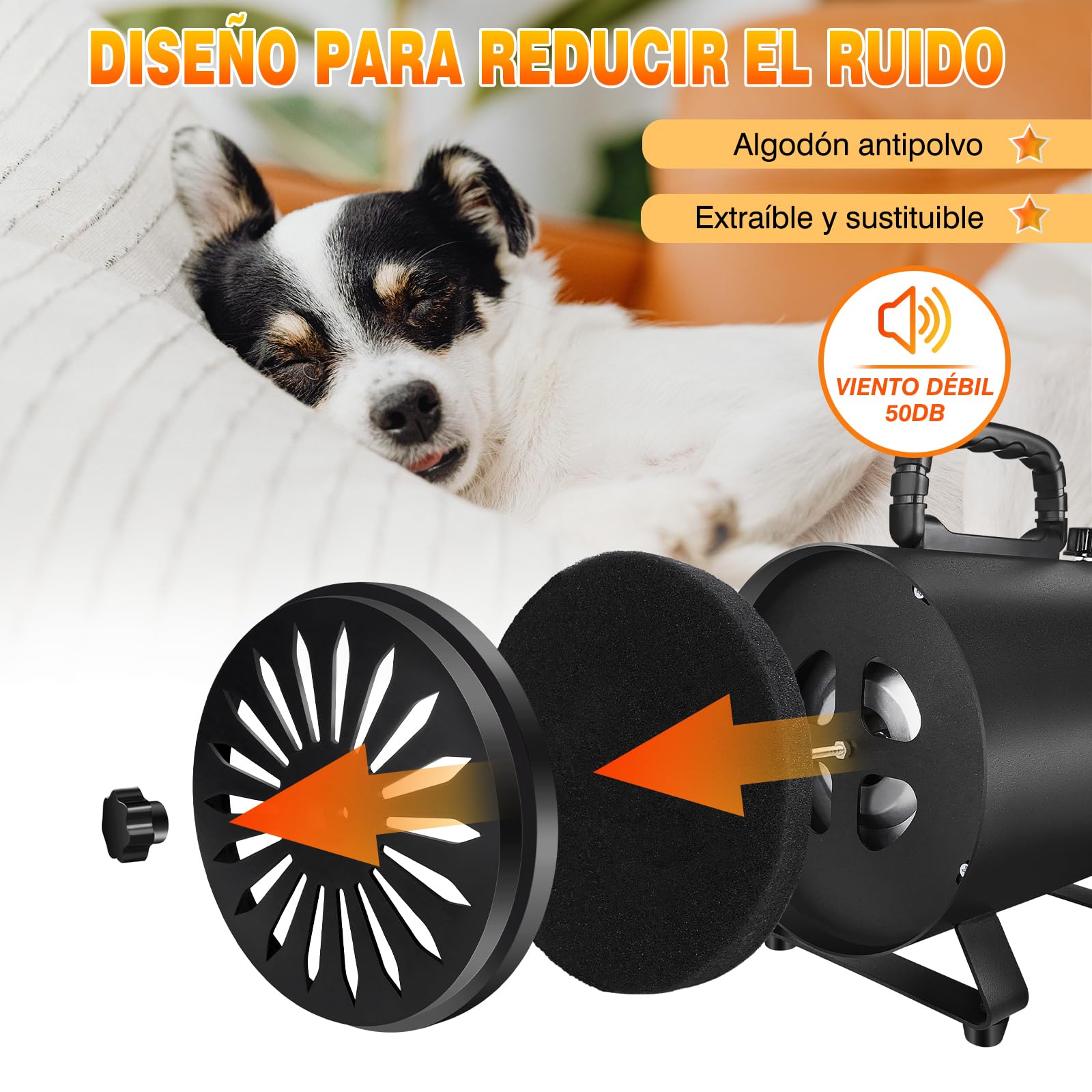 2800W secador de pelo de mascotas sin escalonamientos de baja velocidad de ruido de peluquería del gato secador de pelo profesional de calefacción Blaster soplador con 4 boquillas