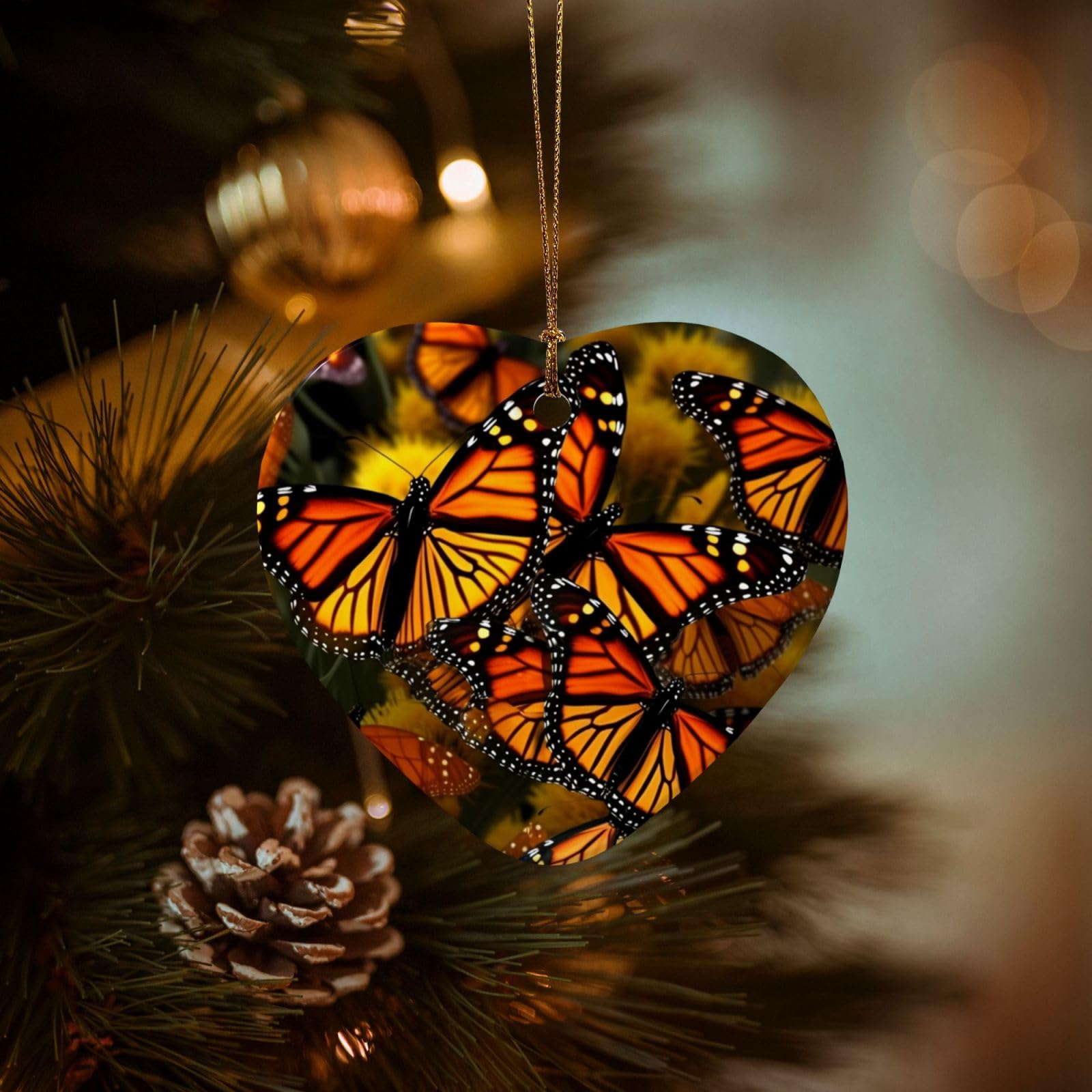 Christmas Tree Ornaments Ceramics Christmas Decorations Monarch Butterflies Ornaments with Gold Ribbon Porcelain Xmas Tree Crafts Heart Shape Hanging Pendant for Christmas Tree Party Decor