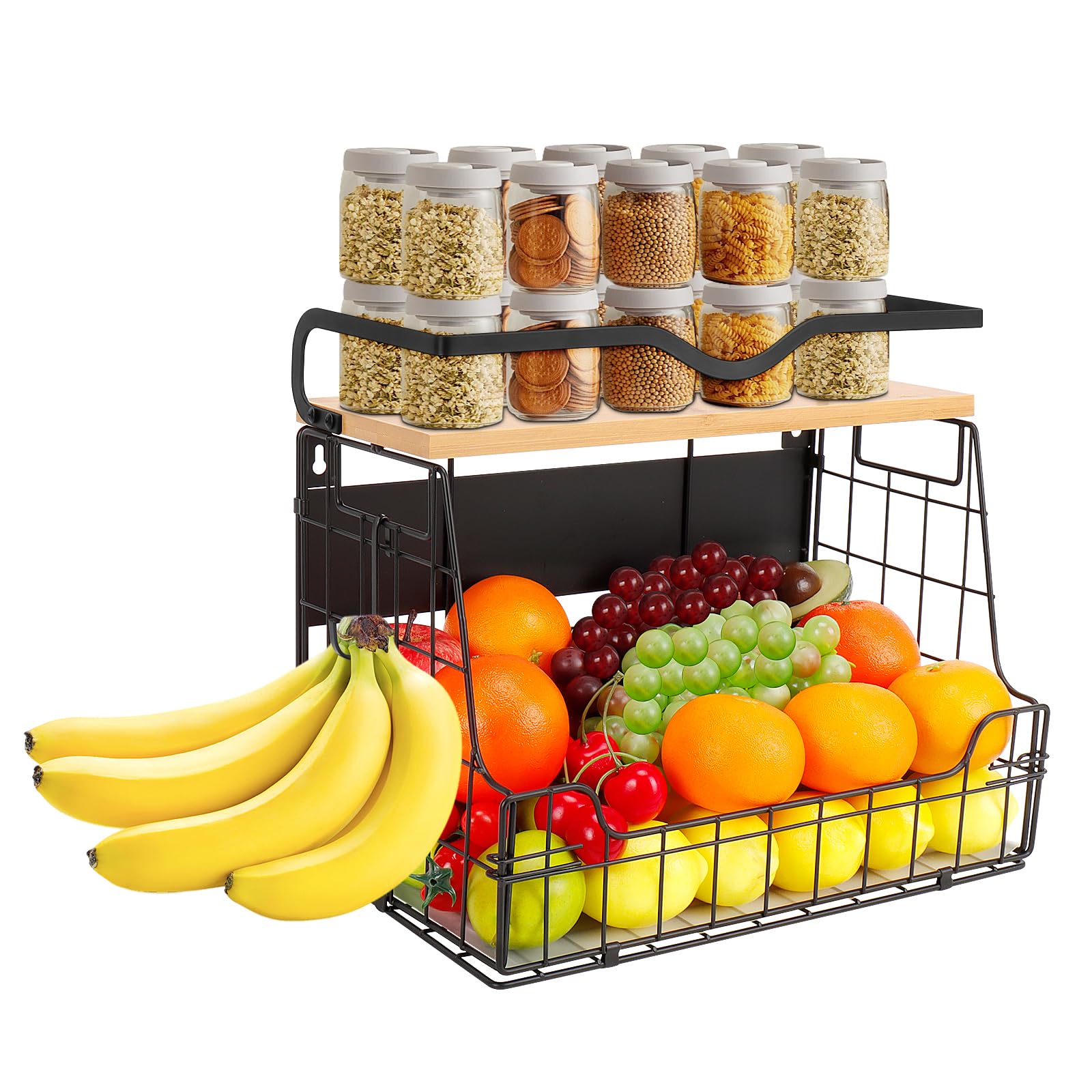 Photo 1 of Livabber Magnetic Fridge Organizer Basket with Wood Shelf, Large Fruit Vegetable Storage Bin, Spices Snacks Condiments Rack for Kitchen Pantry, Laundry Room, Office, Magnetic or Wall Mount (Black)