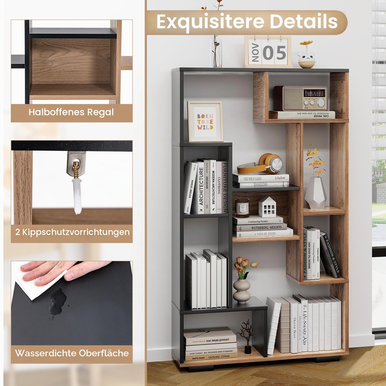 GIANTEX Bücherregal, 70 x 20 x 120 cm Holz Standregal mit Anti-Kipp-Vorrichtungen, freistehendes offenes Raumteiler Regal für Wohnzimmer, Arbeitszimmer & Büro (Schwarz + Natur)