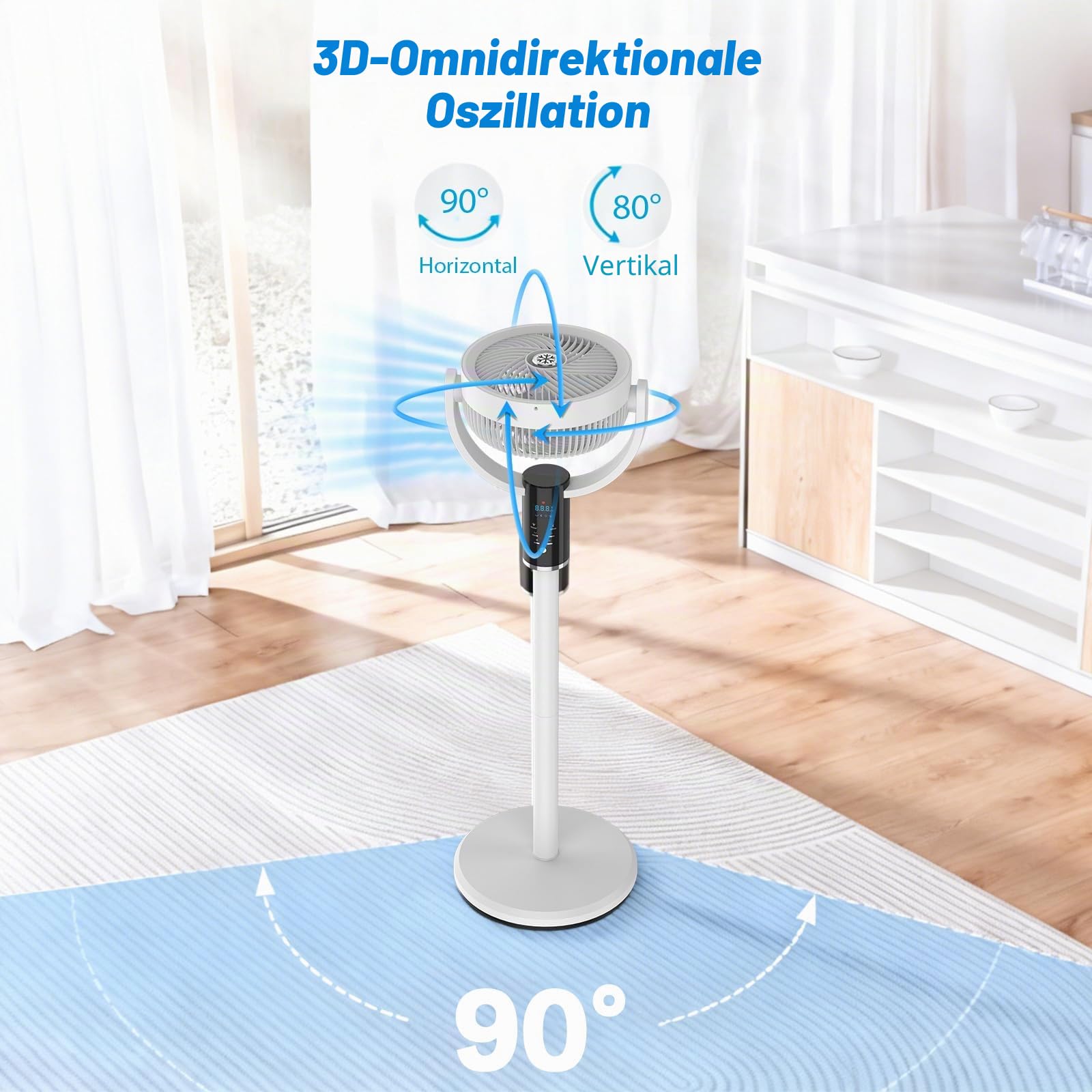 WIWOLER Leiser Standventilator mit Fernbedienung, 3 Höhenverstellbarer Säulenventilator, 8 Geschwindigkeiten, 80° Oszillation, 8H Timer, LED-Display, 3-Stufen Nachtlicht, Für Schlafzimmer, Büro