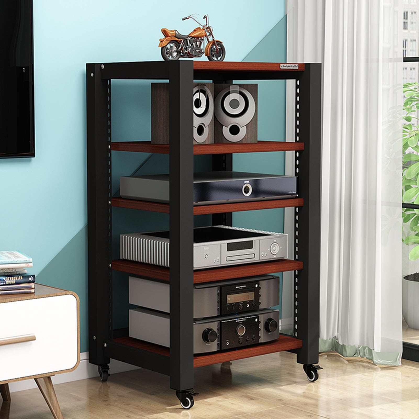 5-Tier Movable AV Media Player Stand Corner Audio Tower Component Cabinet Stereo Stand Adjustable Open Storage Rack with Wooden Shelves and Steel