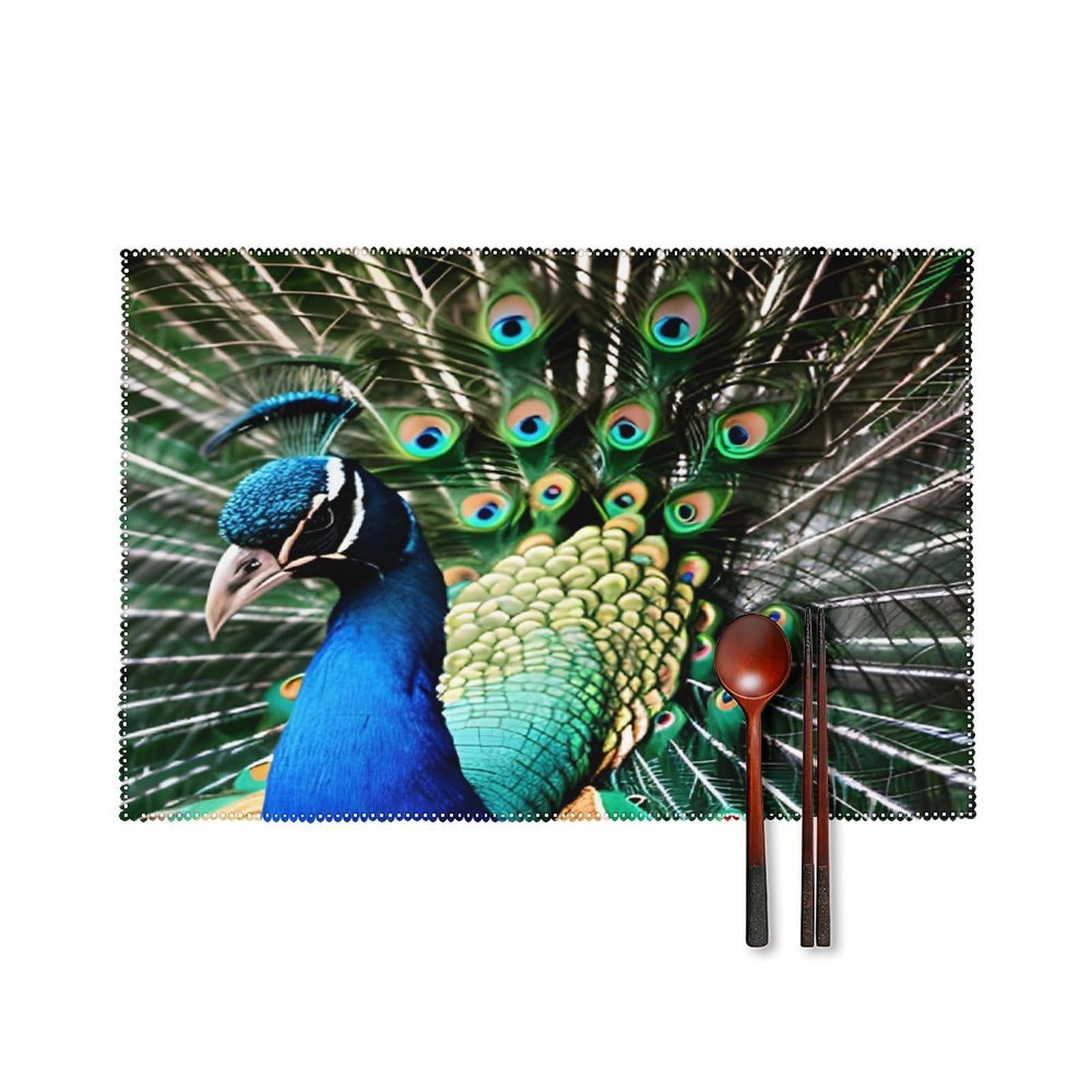 Peacock Placemats Set of 4 Heat Resistant Non-Slip Place Mats Reusable Dining Table Mats Canvas Place Mat Anti-Fading Waterproof Placemats for Dining Table Decor
