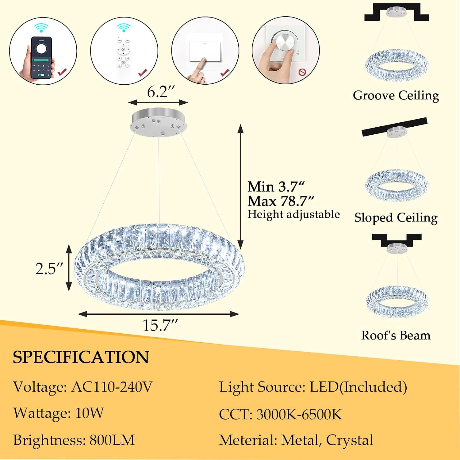 15.7" Modern Crystal Chandelier Dimmable Ring Pendant Light Round Crystal Chandeliers for Living Room Dining Room Bedroom Silver