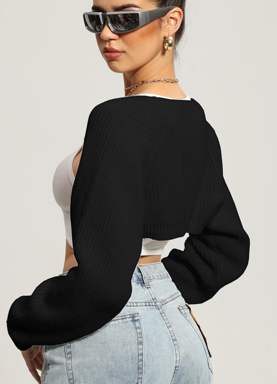 Navneet Women Knit Bolero Shoulder Shrug Sweater Long Sleeve Open Cropped Cardigan - Image 3