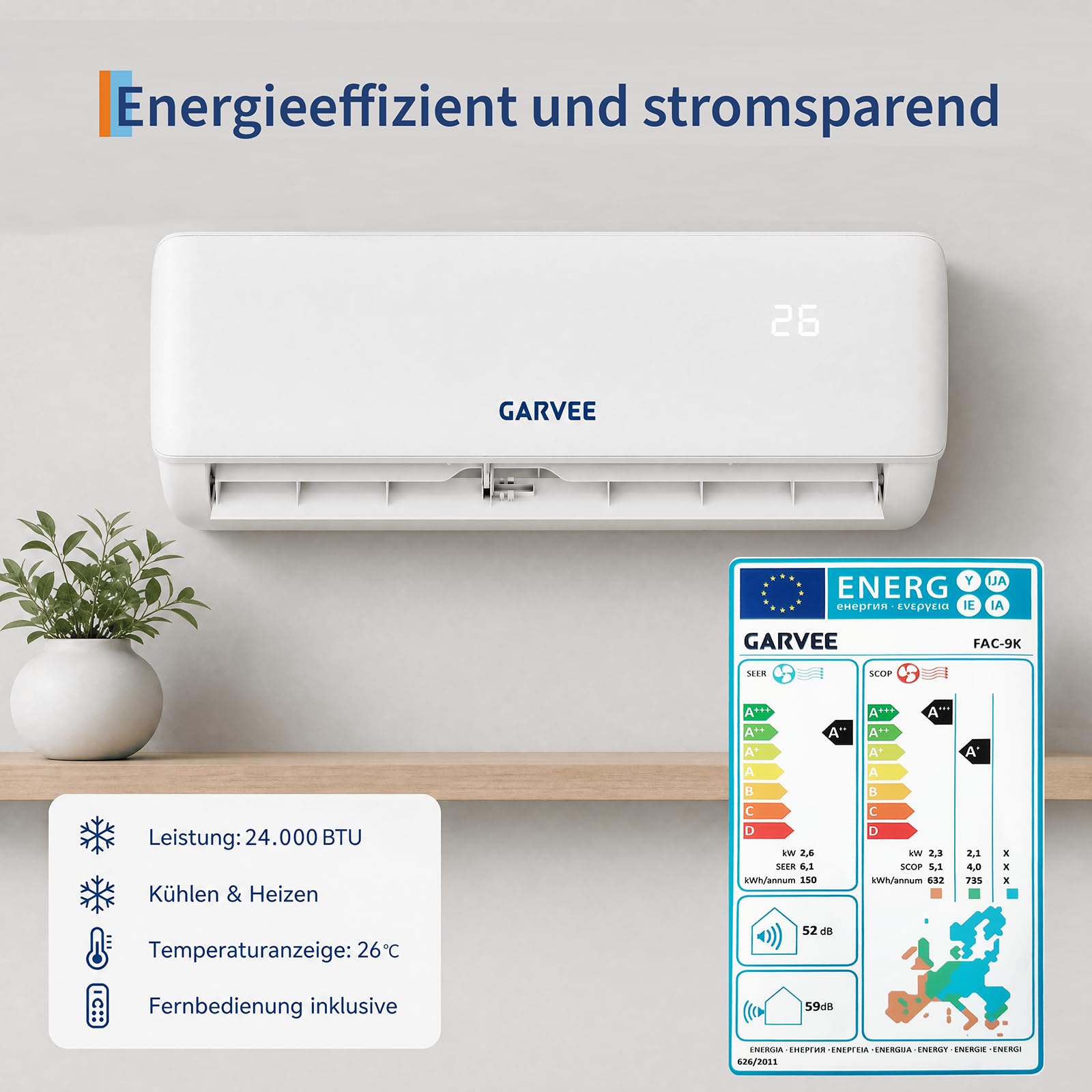 24000 BTU Split Inverter Anlage 7,2 kW Kühlen & Heizen | A++ Effizienz, R32, WiFi App Steuerung, leise | Bis 110 qm Nutzfläche, mit sämtlichem Montagezubehör