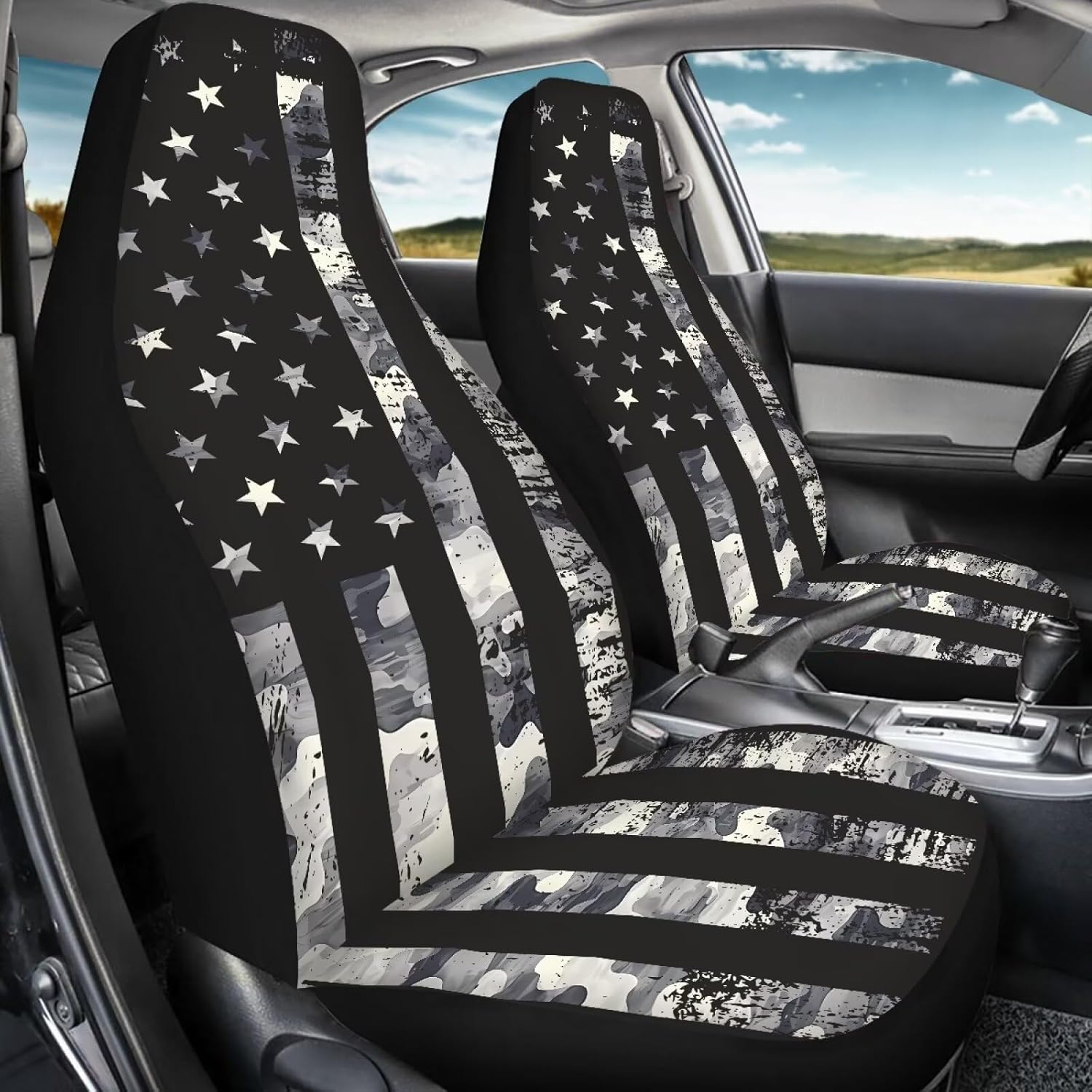 ELEQIN Squirrel Front Car Seat Covers 2pcs, Black Camo US Flag Automotive Seat Covers Car Accessories Universal Size Fit for Most Cars,SUVs&Trucks&Vans