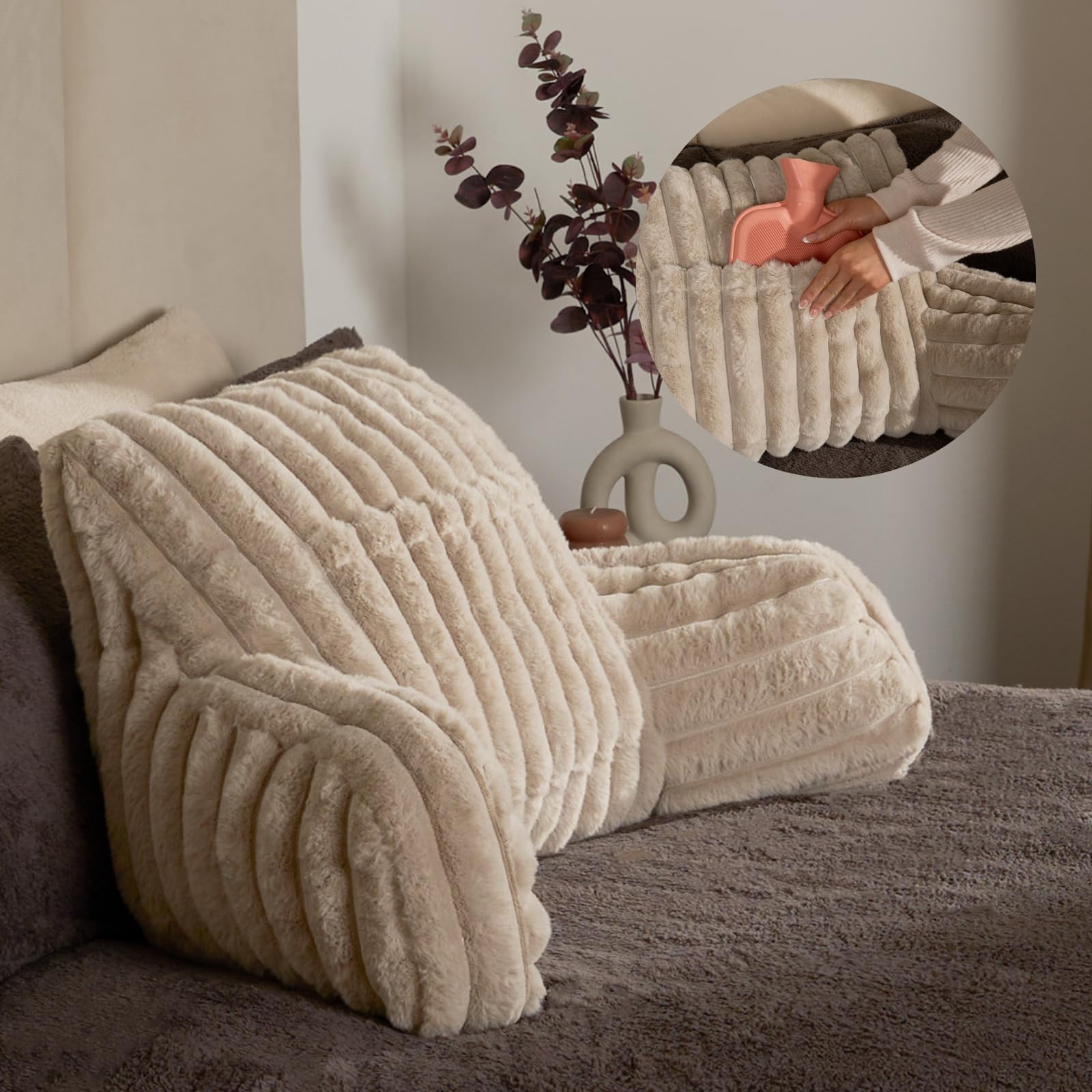 OHS Cuddle Cushion, Gifts for Women Men Ribbed Faux Fur Reading Pillow Sofy Cosy Gaming Cushion with Heatable Pocket Support Pillow with Arms Bed Cushions for Relaxing Comfy, Natural