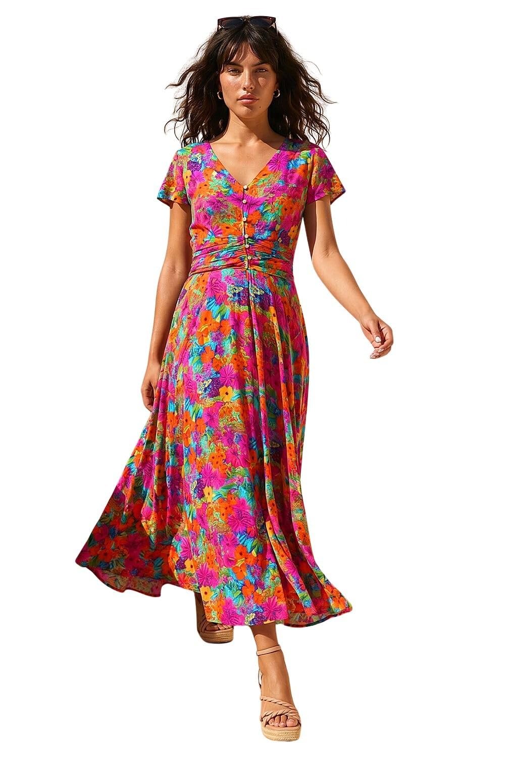 Roman Shirred Empire Waist Dress for Women UK Ladies Midi Maxi Summer Spring Tiered Frill Hem Short Sleeve V Neck Button Through Boho Bohemian Holiday Cruise