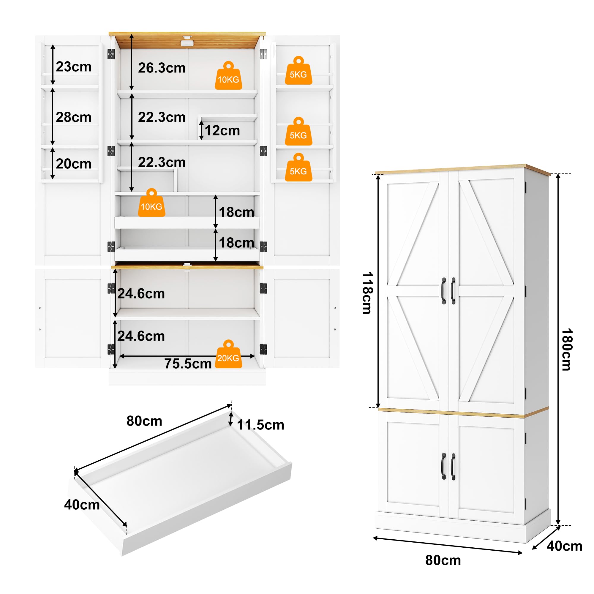 Merax Küchenschrank mit LED, Vorratsschrank mit 4-Türiger, 2 Schublade und Gewürzregal, Buffetschrank mit Höhenverstellbaren Einlegeböden, Küchenbuffet für Küche, 80×40×180cm, Weiß
