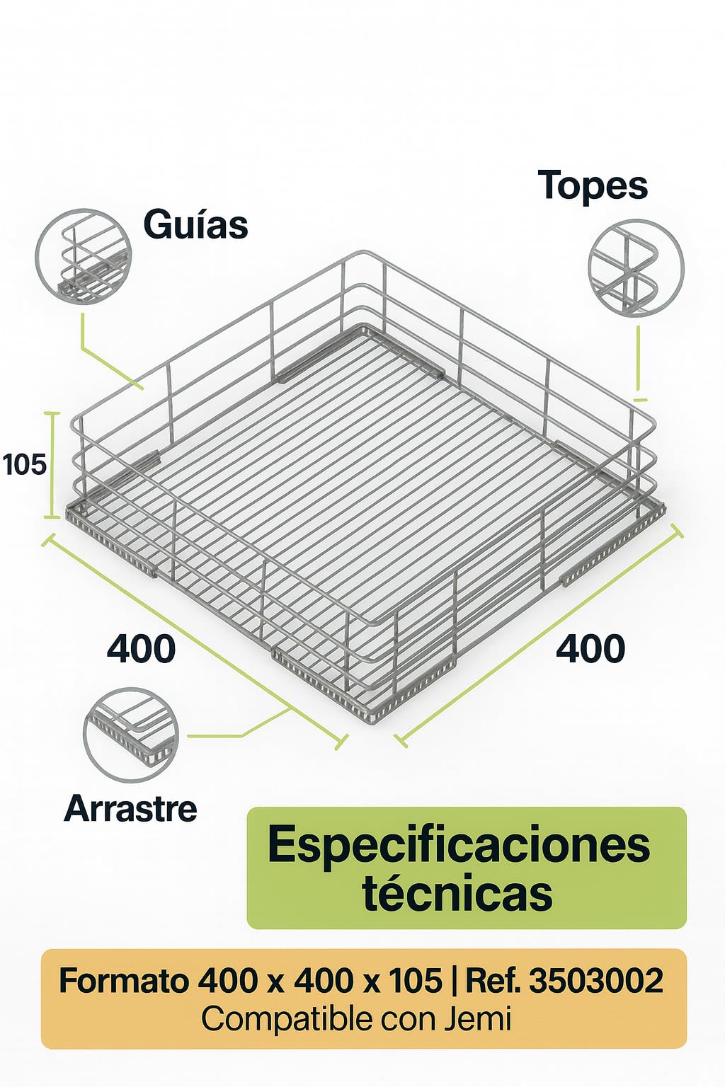 Cesta Para Vasos y Copas 400x400x105 Recambio Tecnico Para Lavavasos Lavavajillas Compatible Con JEMI Ref 3503002 Rejilla Metalica Hosteleria Portavasos Antioxido Drenaje Rapido