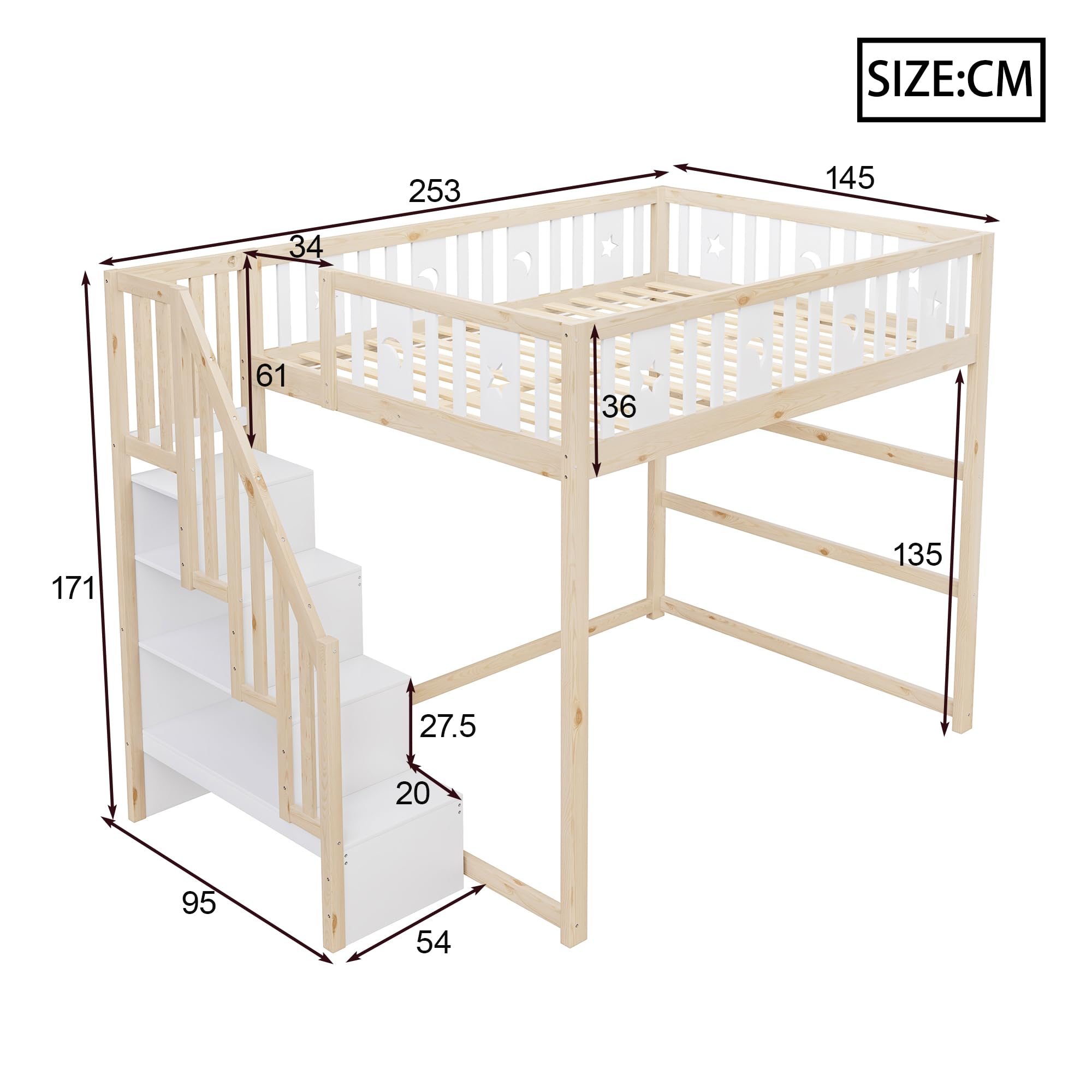 Letto A Soppalco 140x200 cmIn Metallo Con Doppio Ripiano Laterale, Cassetti Su Ruote E Spazio Contenitore, Struttura Letto In Metallo Con Supporto Per Tenda, Per Camera Compatta