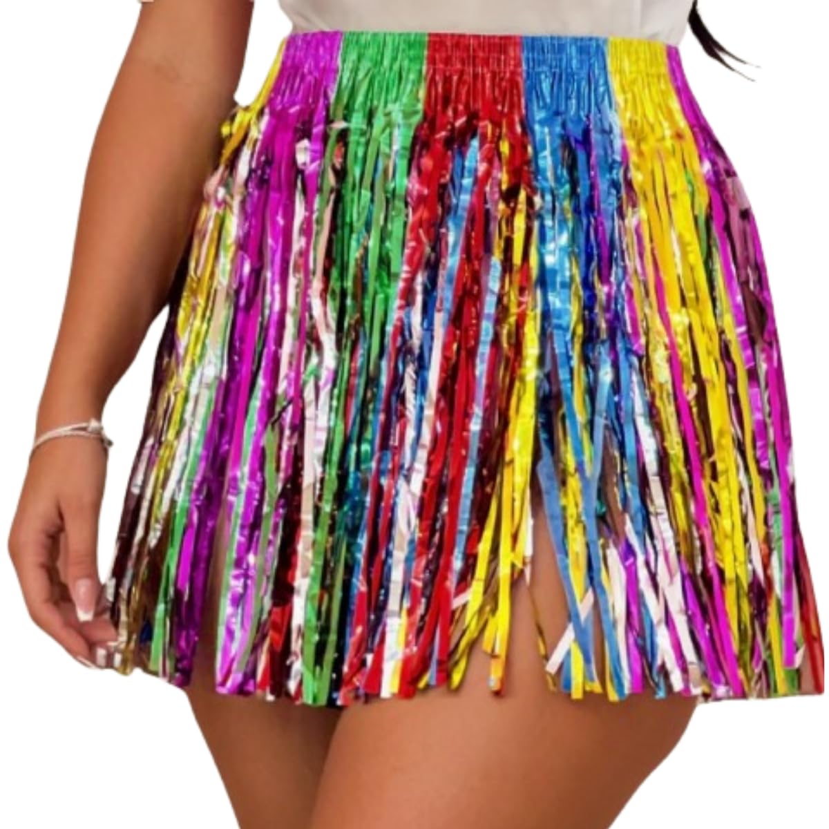 Saia Metalizada Colorida com Franjas 40cm Fantasia Feminina Carnaval Festa e Dança