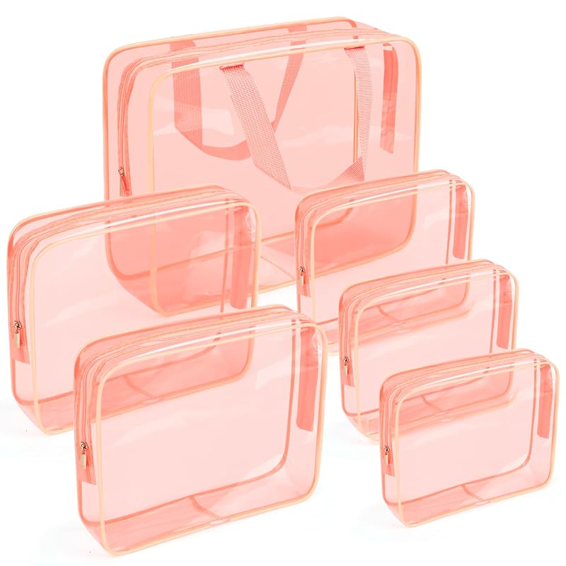 APREUTY Kit com 6 Necessaires de Maquiagem Transparentes em PVC com Zíper e Alça, Peach