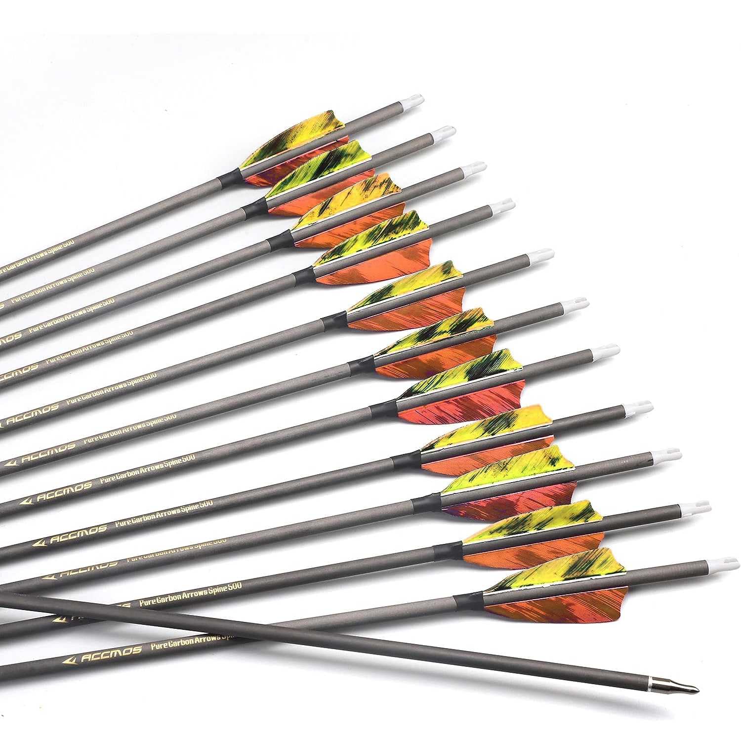 12pc 26-Inch 700-Spine Arrow Removable Tips Targeting Hunting Arrow 3" Turkey Feather Feathered Carbon Arrows for Traditional Bow Long-Bow Recurve Bow Compound Bow Adult Youth Archery Orange Yellow A7