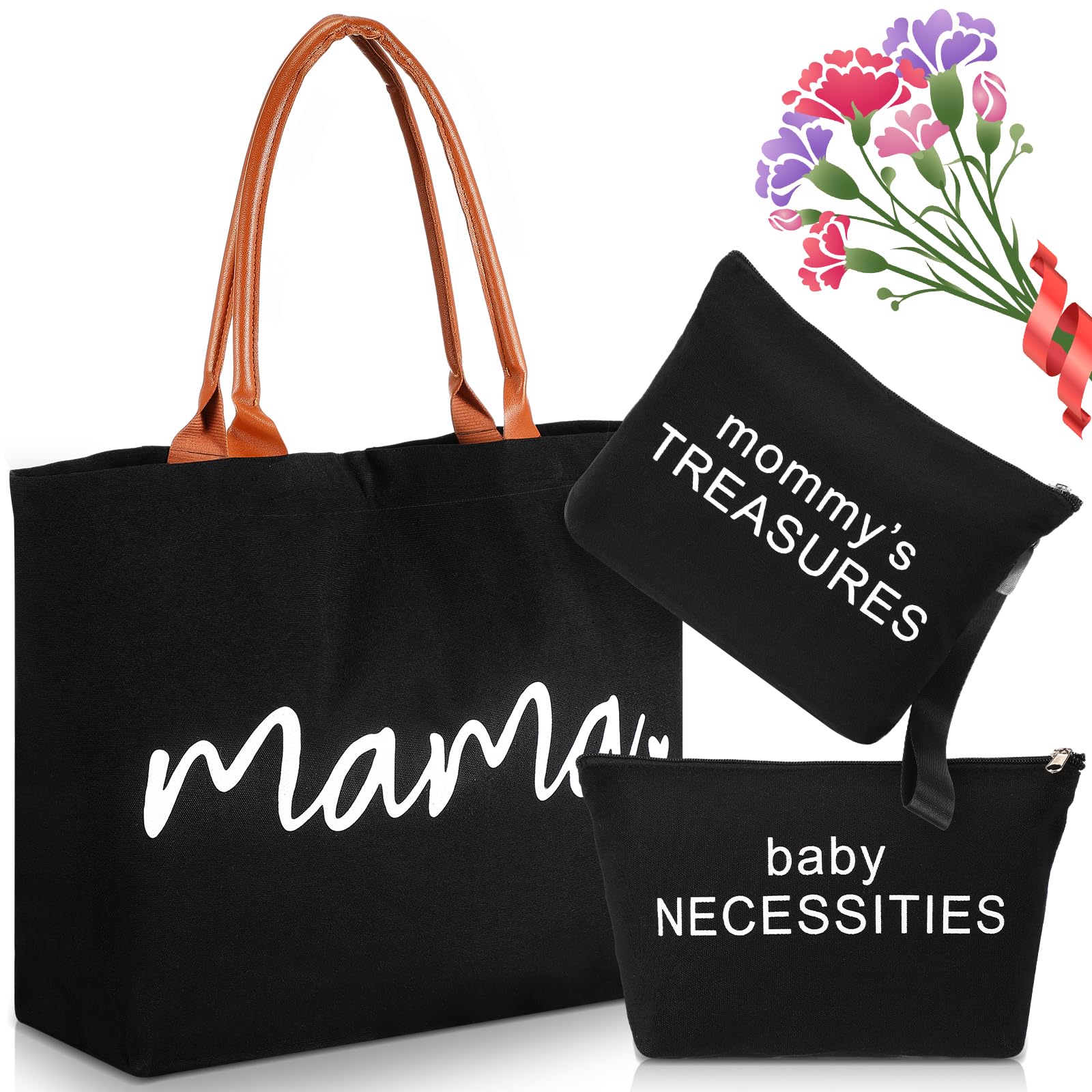 Sanwuta 3 Pcs Mommy Bag for Hospital Diaper Bag Tote Mom Hospital Bag for Labor and Delivery Black Canvas Tote Bag Pouch Mom Diaper Bag for Mother's Day Gift