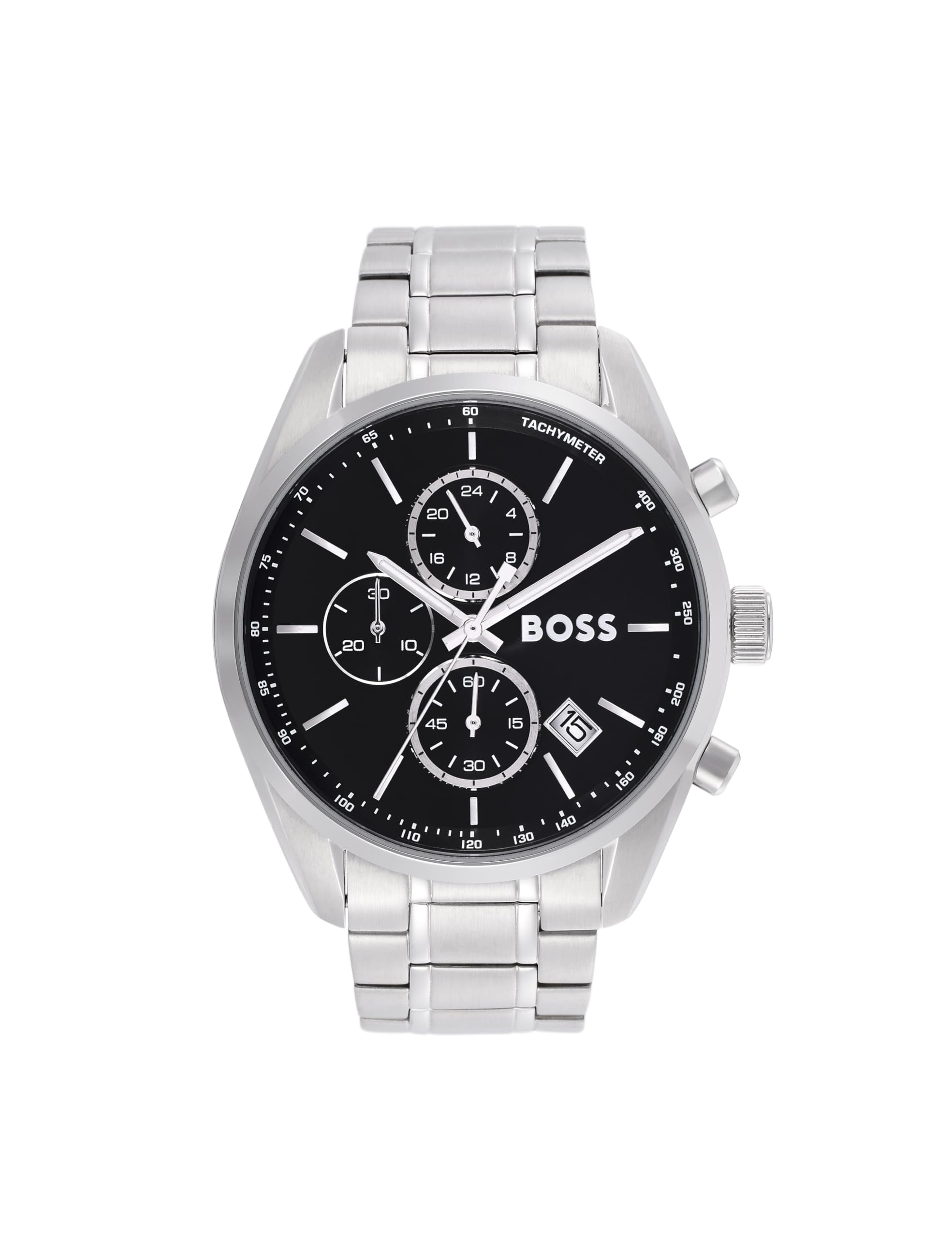 BOSS Chronograph Quartz Watch with Calendar for Men Grand Prix 44 Collection with Silver Stainless Steel Bracelet - 1514251