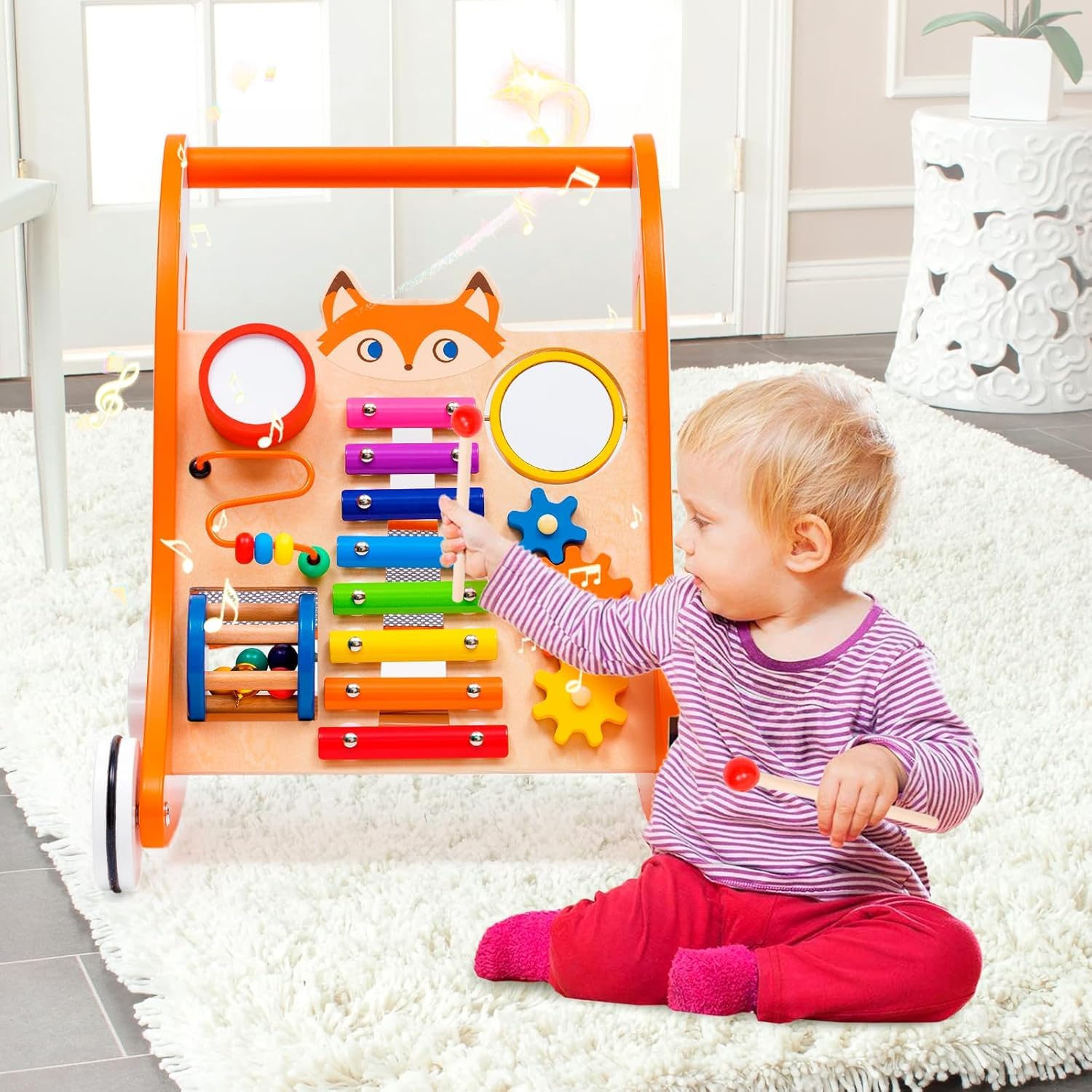 Trotteur Bébé,Chariot de Marche en wood ouet Enfant 1 an-Jouet en Bois avec Musique et trieur de Formes,Jouet Multifonction Montessori,Chariot de Marche en Bois,Cadeau pour Garçons et Filles