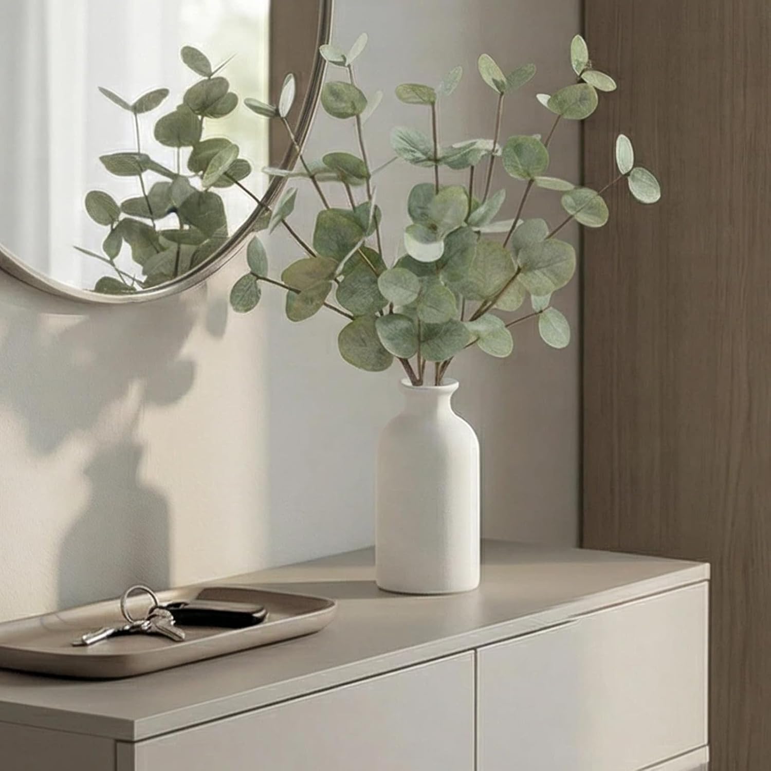 15" Artificial Eucalyptus Stems Potted Plant - Realistic Small Fake Desk Plants for Office Home Decor, Faux Plants in Frosted Ceramic Vase for Indoor Spaces, Wedding Centerpieces Table Decor（4pcs leaf