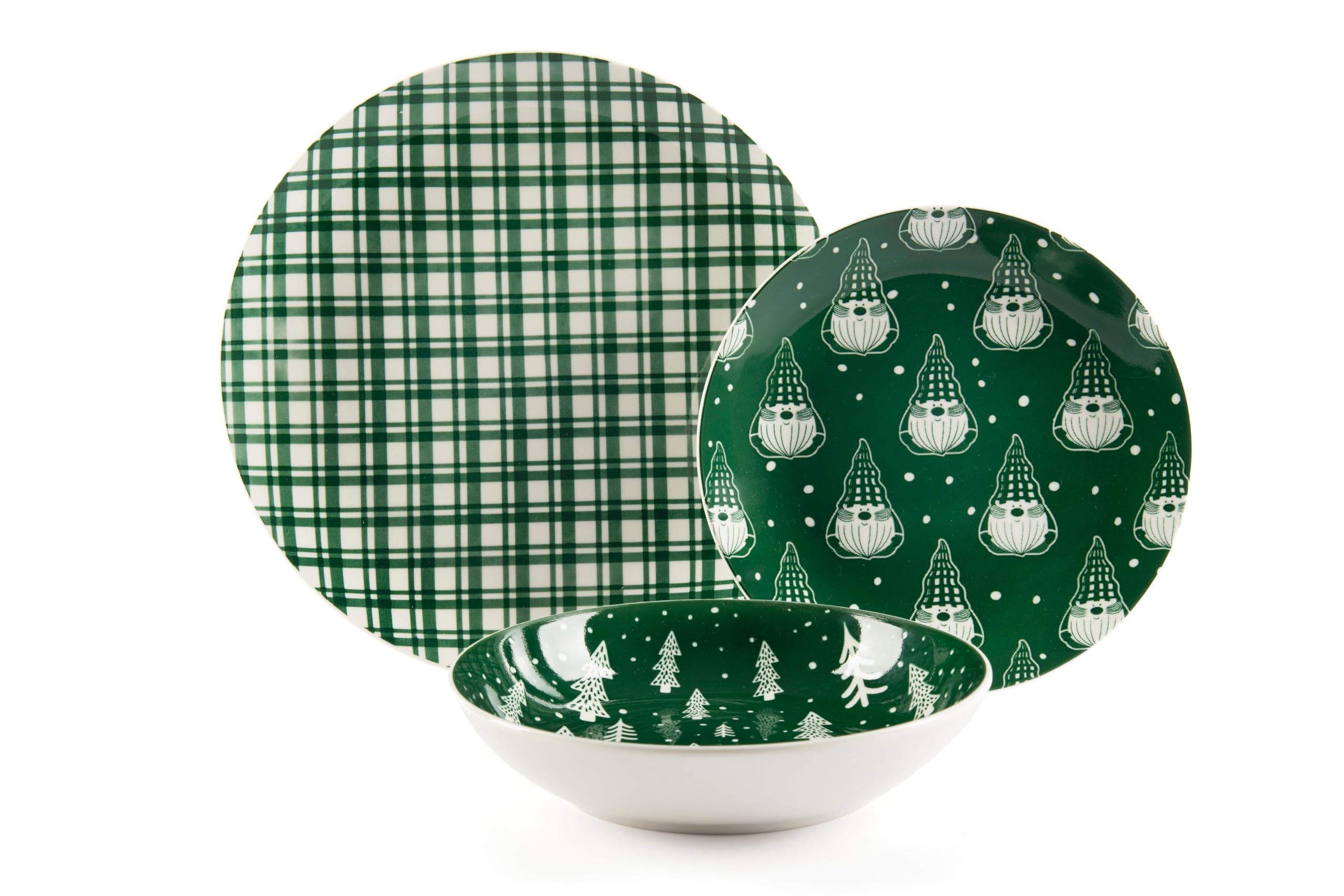 Excelsa Green Winter Servizio Piatti in Porcellana, 18 Pezzi, Verde con Motivi Natalizi, Piatti Piani 27 cm, Fondi 20,5 cm, Frutta 20,5 cm