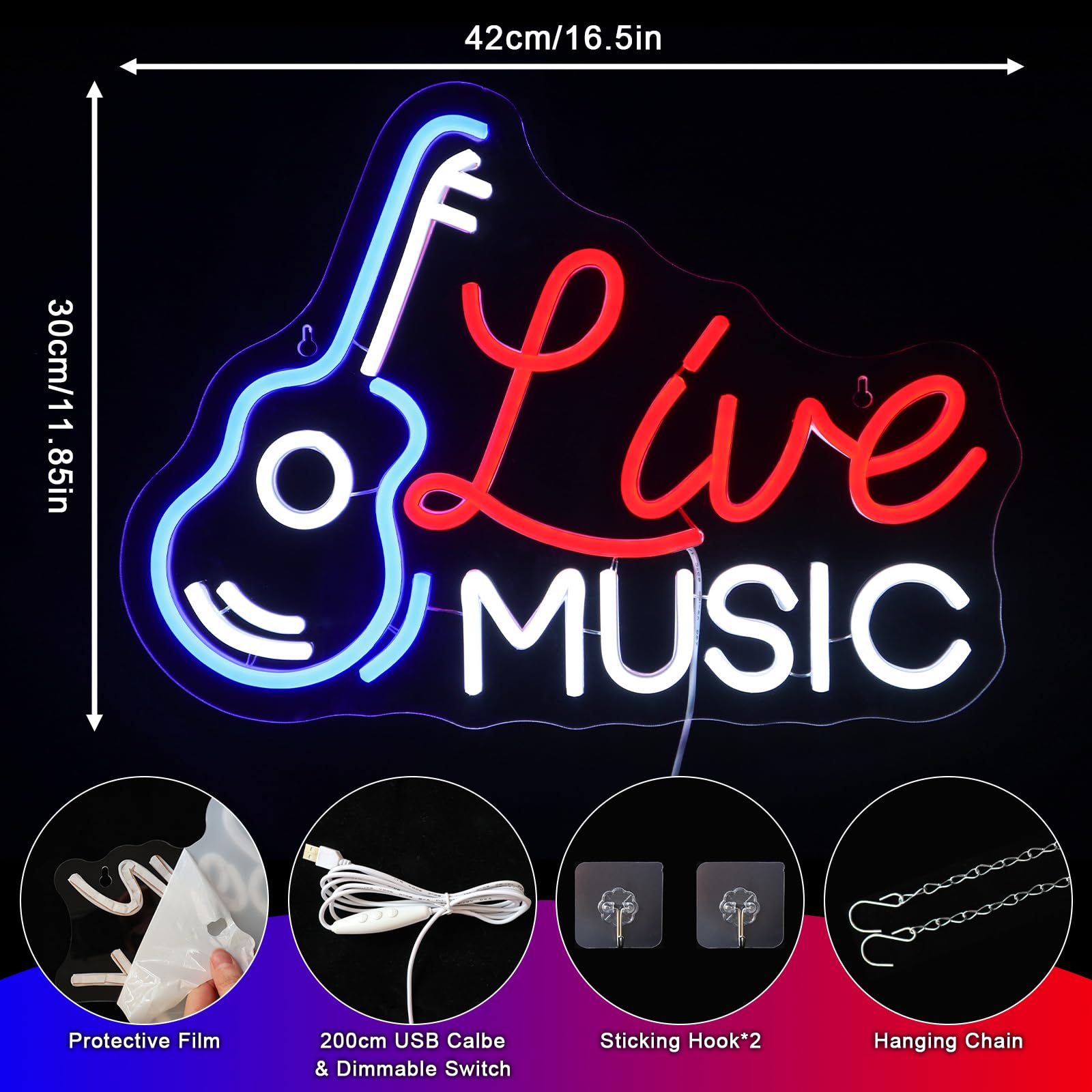 Live Music Música Neon Cartel Led Neón Pared Guitarra Sign USB Bar Rock Estudio Oficina Garaje Dormitorio