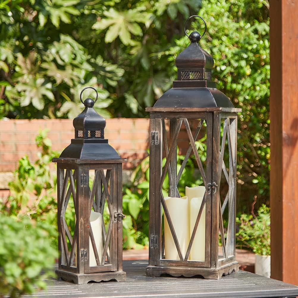 Glitzhome Set of 2 Wood/Metal Decorative Candle Lanterns Vintage Hanging Lantern for Patio - Tabletop, Black (No Glass)