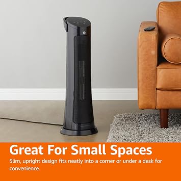 Amazon Basics 28-Inch Oscillating Tower Heater With Overheat and Tip-Over Protection, Fast Heating, 2 Heat Settings, Fan Mode, Timer, Remote Control, LED Display, 1500W, 9.4D x 9.4W x 28.6H, Black