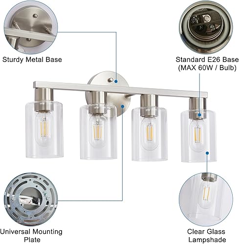Miniatura 9 de Lámpara de tocador de baño de 4 luces, níquel cepillado, 4 luces, luces de tocador para espejo de maquillaje, accesorios de iluminación modernos con