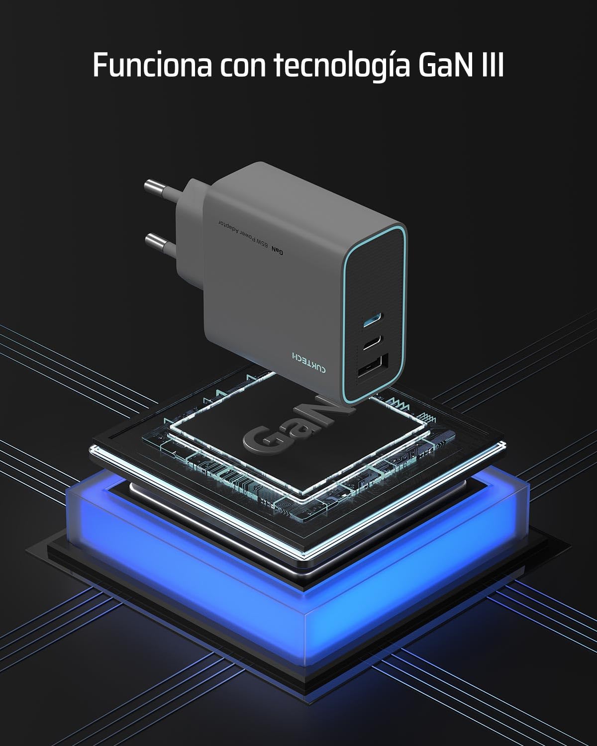 CUKTECH 65W Cargador USB C, 3 Puertos GAN III y PD3.0 Cargador iPhone Carga Rapida, Cargador Múltiple Compacto para MacBook Air/Pro, iPad Pro, iPhone 16/15/14/13, Samsung S24/S23, Xiaomi, Switch