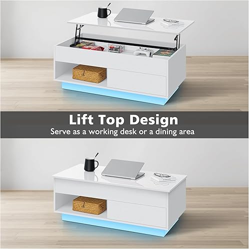 Miniatura 3 de HOMMPA Morden - Mesa de centro elevable con almacenamiento LED, mesa de centro de alto brillo, mesa de té moderna de 3 niveles con mesas centrales