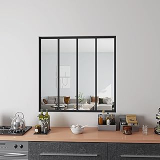 AICA Verrière Atelier en Aluminium Noir Mat L.123xH.108cm 4 Carreaux Transparents Inclus, Design Moderne - Verrière Fixe kit de verrière et vitrage