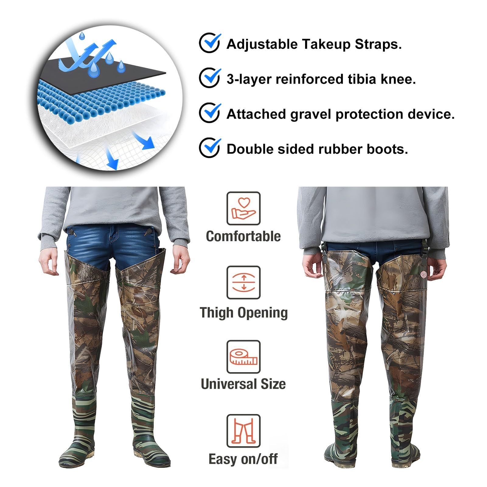 Waders hip Camo Fishing Wader 80cm, Stivali da Pesca Impermeabili Leggeri Fatti Per Durare, Per La Caccia in Paludi E Laghi