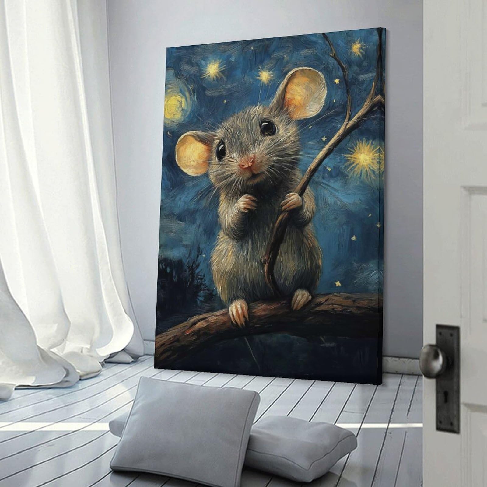 Junmoney Frame-Style-13 Mouse Under Starry Sky Canvas Art Print 20X30inch(50X75cm), For Gallery Wall Layouts In Home Or Office, Decorative Artwork With Flexible Styling