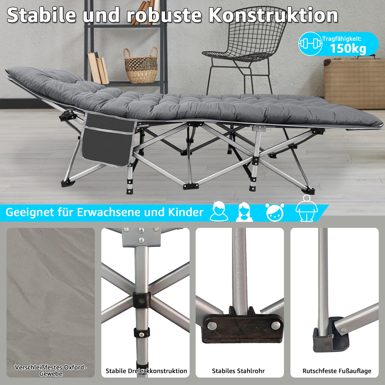 Klappbares Feldbett Campingbett faltbar, 150 kg belastbar - Robustes Gästebett für Outdoor, Camping, Garten & Büro mit Seitentasche und Tragetasche
