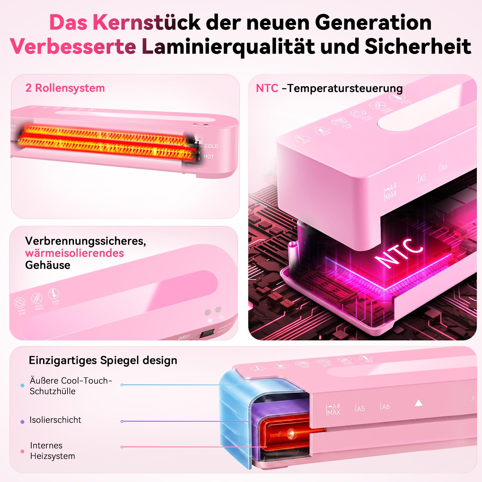 Laminiergerät A4 Laminiermaschine - 5 in 1 Laminiergerat mit 30 Laminierfolien für A4/A5/A6, 60S Schnellvorheizung, Heiß und Kalt Laminator mit Papierschneider, Eckrunde für Büro, Zuhause, Schule