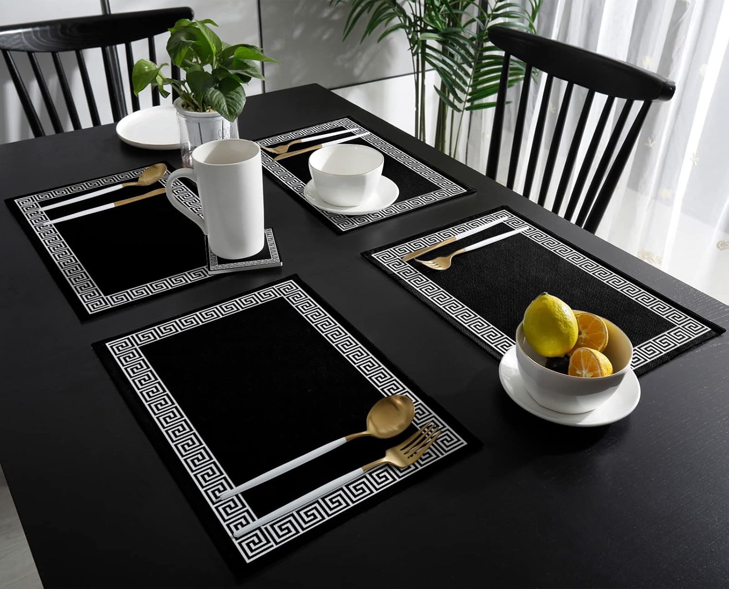 Black Placemats for Dining Table Set of 4, Cotton Linen Cloth for Square/Rectangle/Round Table Mat Placemat, Traditional Chinese Geometric Tile Pattern Kitchen Dinner Holiday Dﾃｩcor