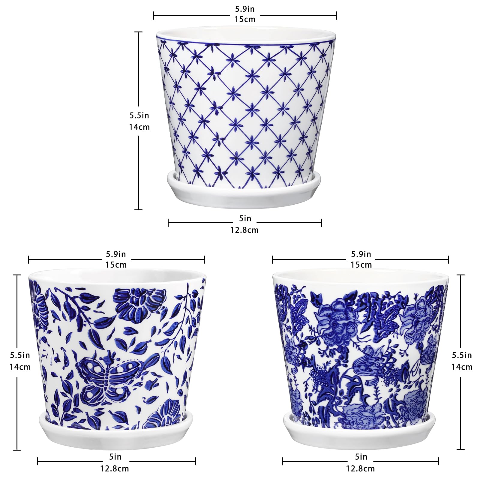 Oairse Set di 3 vasi in ceramica da 15 cm, piccoli vasi con piattini, foro di drenaggio, per interni/esterni, fioriera decorativa per piante grasse, erbe