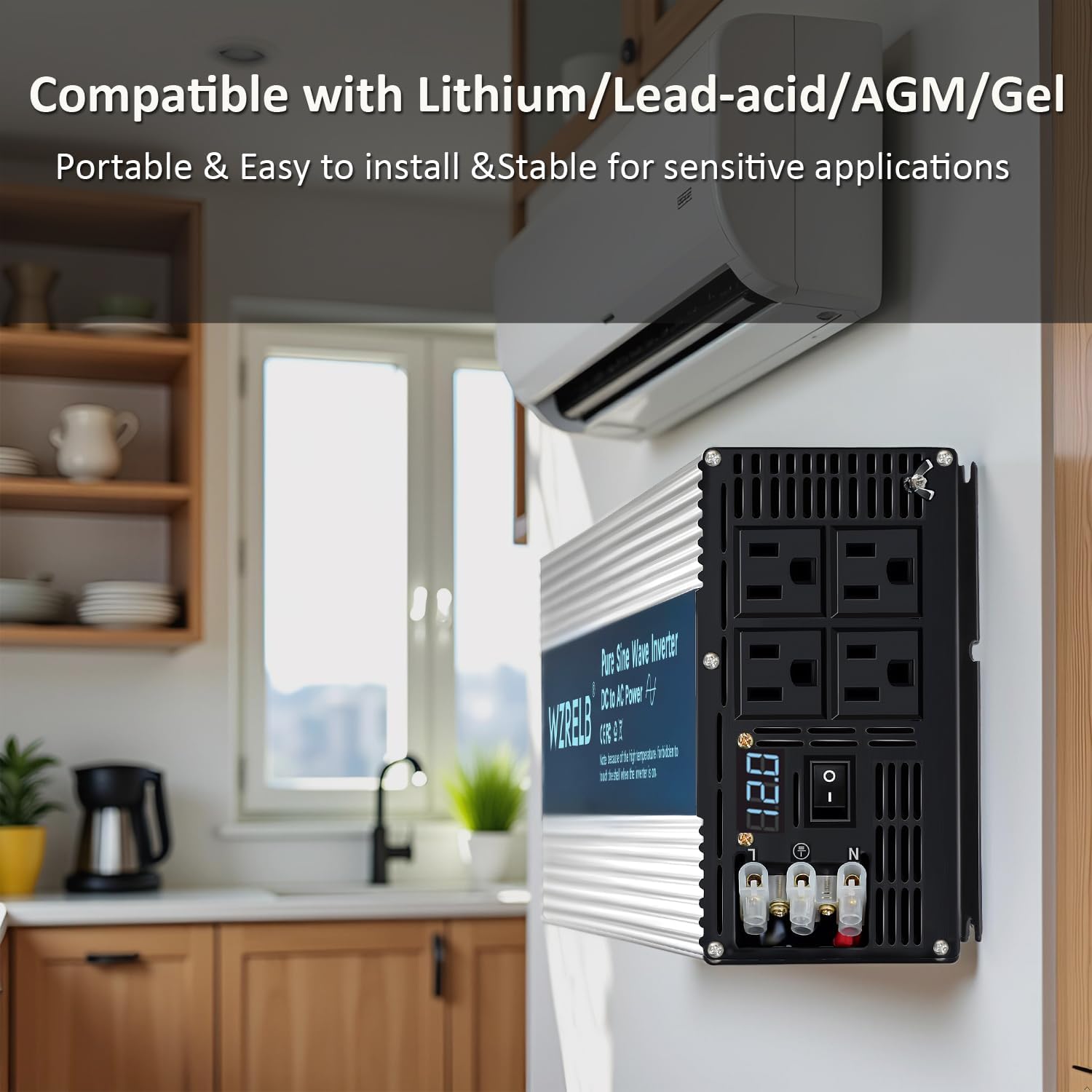 WZRELB 5000W Pure Sine Wave Inverter 12V DC to 110V 120V AC Power Converter with LED Display, Hardwire Terminal,Off-Grid Portable Power Inverter with 4 AC Outlets for Home, RV, Truck, Camping