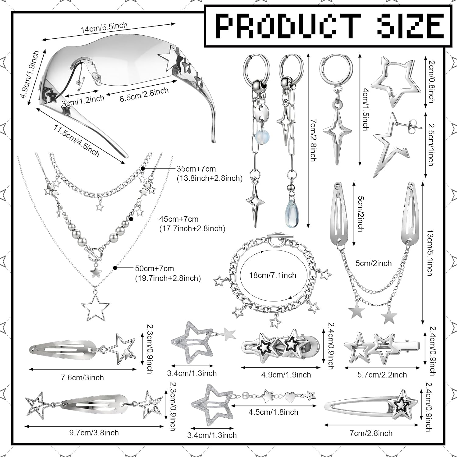 Y2K Accessories Set Y2k Star Sunglasses Silver Necklace Earrings Hair Clips Gothic Punk Style