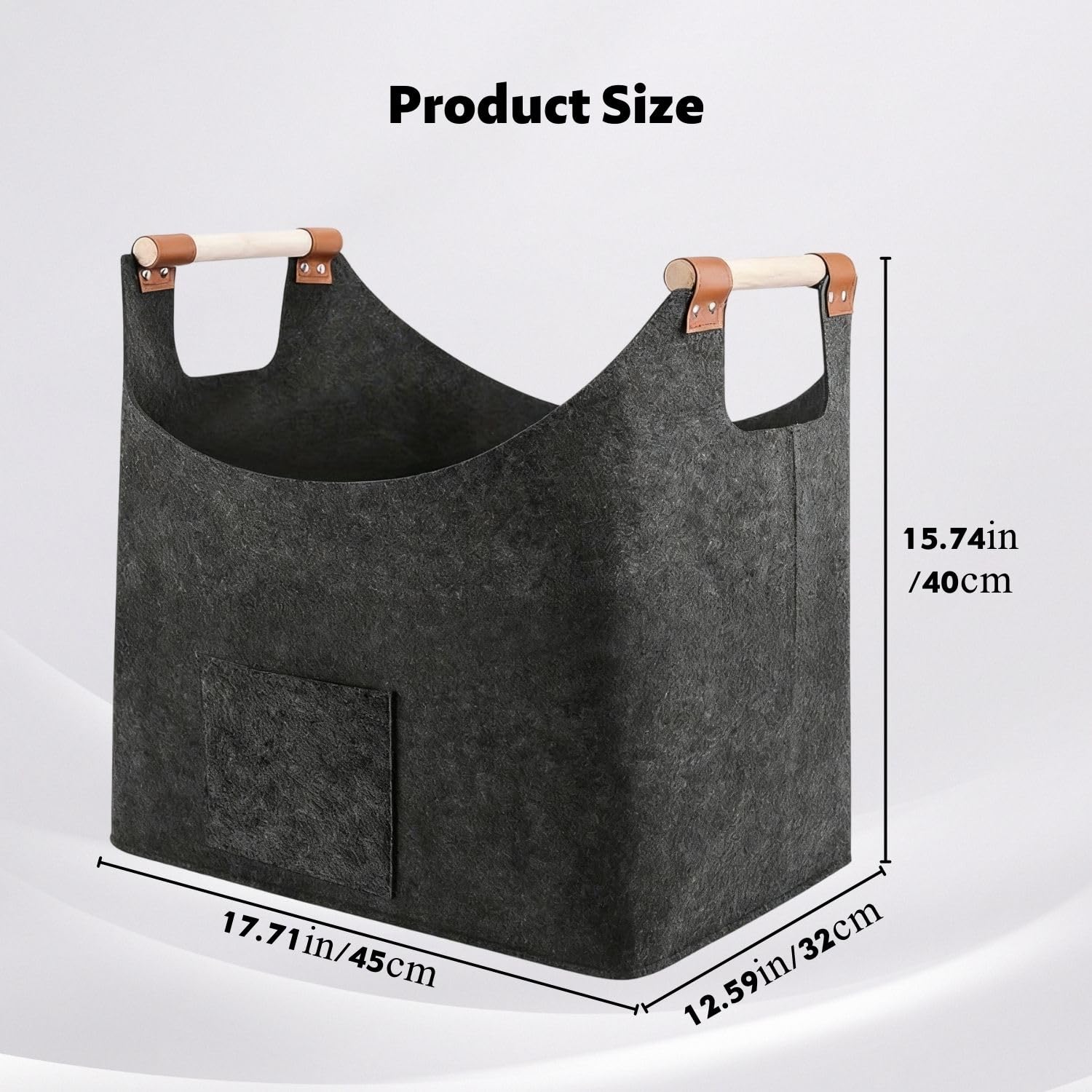 Panier à Bois en Feutre Pliable Gris Foncé avec Poche, Grand pour Intérieur Journaux et Jouets
