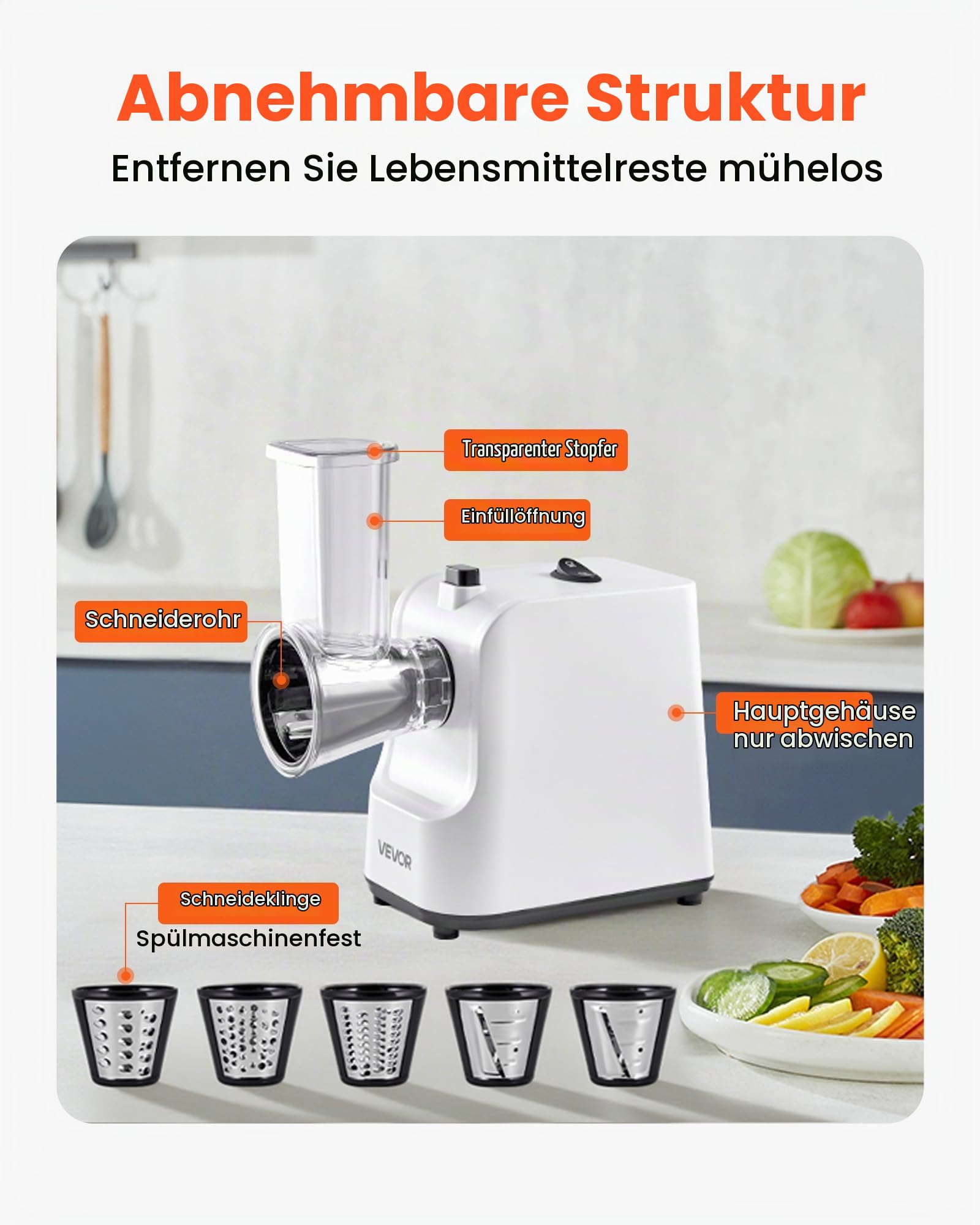 VEVOR Elektrische Käsereibe Salatzubereiter 200 W Gemüsehobel Gemüseschneider, Drehreibe mit 5 Aufsätzen, Lebensmittelschneider mit Edelstahlklingen für Gemüse Käse schnelles Schneiden