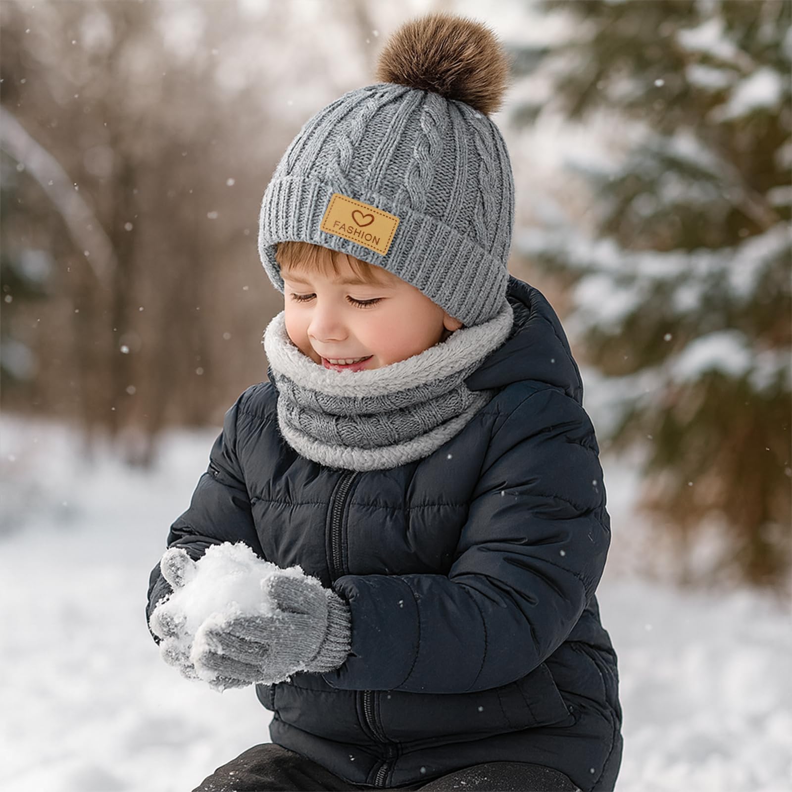 Winmany 3PCS Niños Invierno Gorros Guantes Bufanda Conjunto Niño Polar Cuello Calentador Gorro con Pom Conjunto de Mitones de Punto para Niña Niño