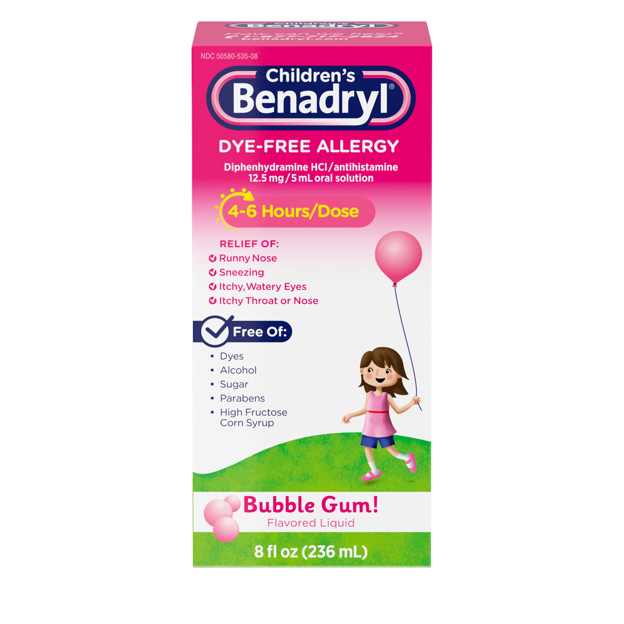 Children's Benadryl Allergy Relief Liquid, Dye-Free, Children 6+, 8 fl. Oz