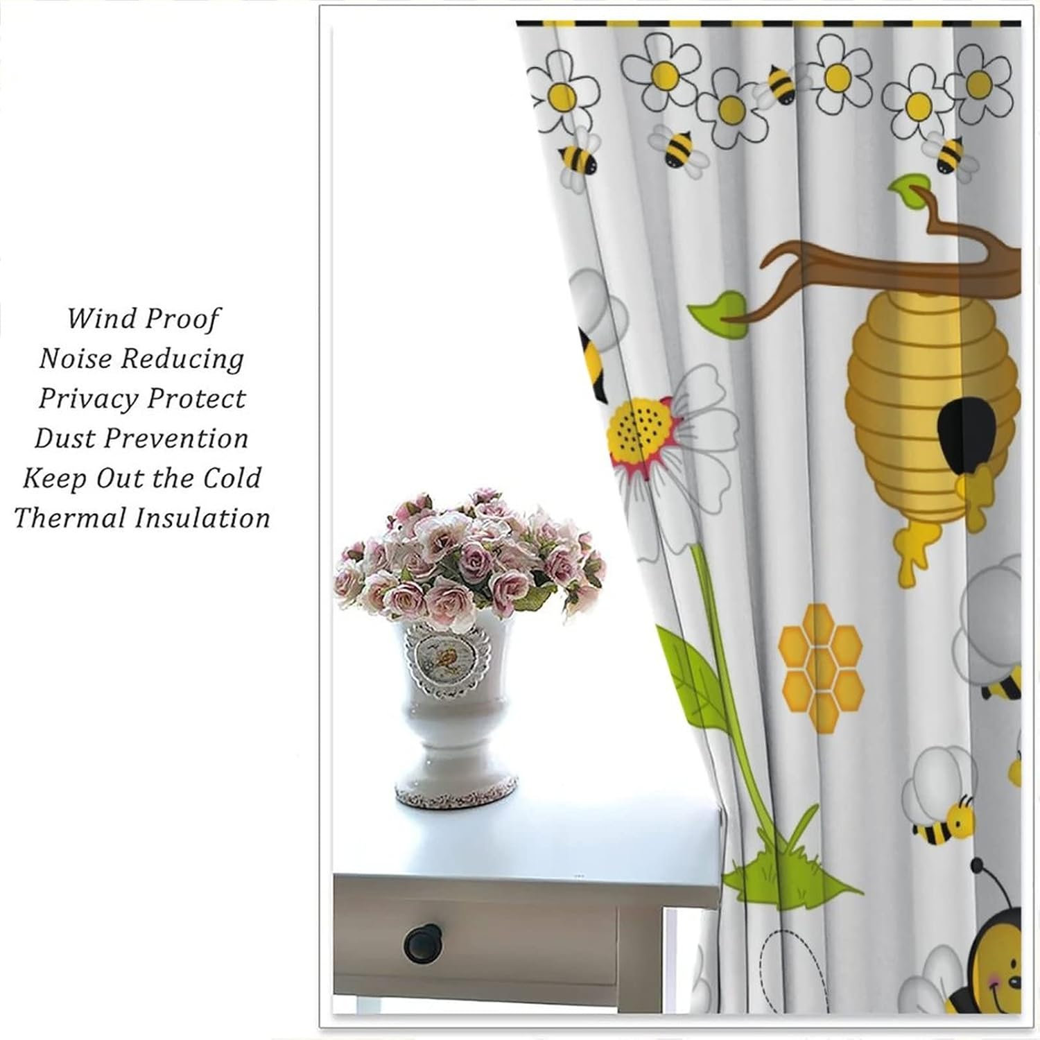 Honey Bee Curtains, Fluttering Bees Daisy Honey Pollen Spring Animal Print, Living Room Kitchen Cafe Decorative Curtains, 2 Panel Set, 42x45 in. Yellow White